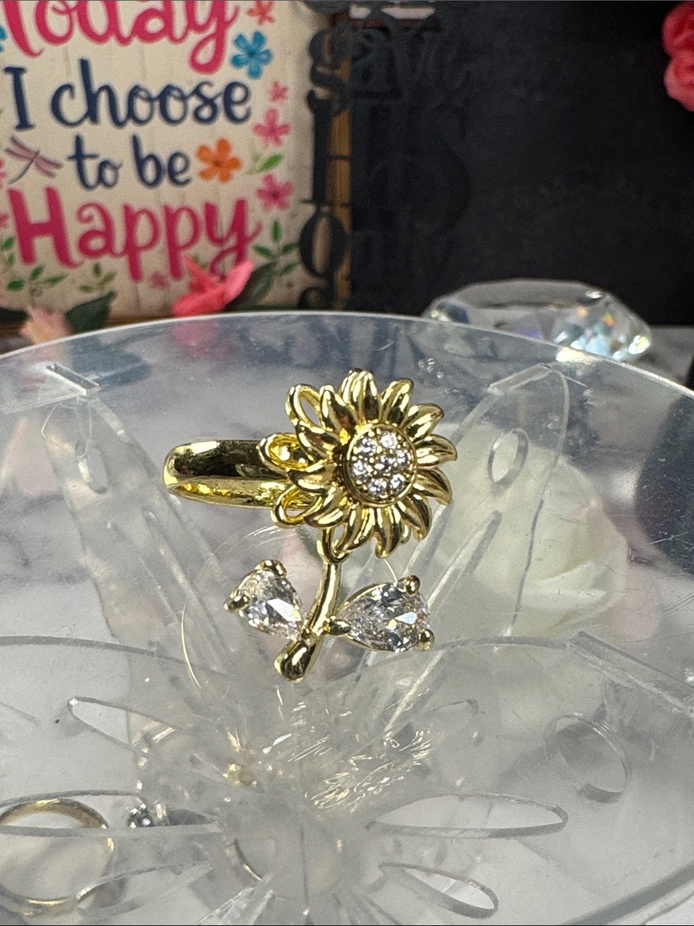 Gold Sunflower Crystal Accent Ring - Women's Accessories